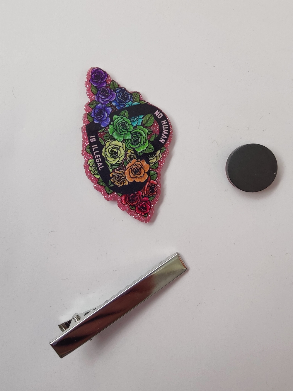 Custom Handmade Character Magnet or Hair Clip- No Human Is Illegal
